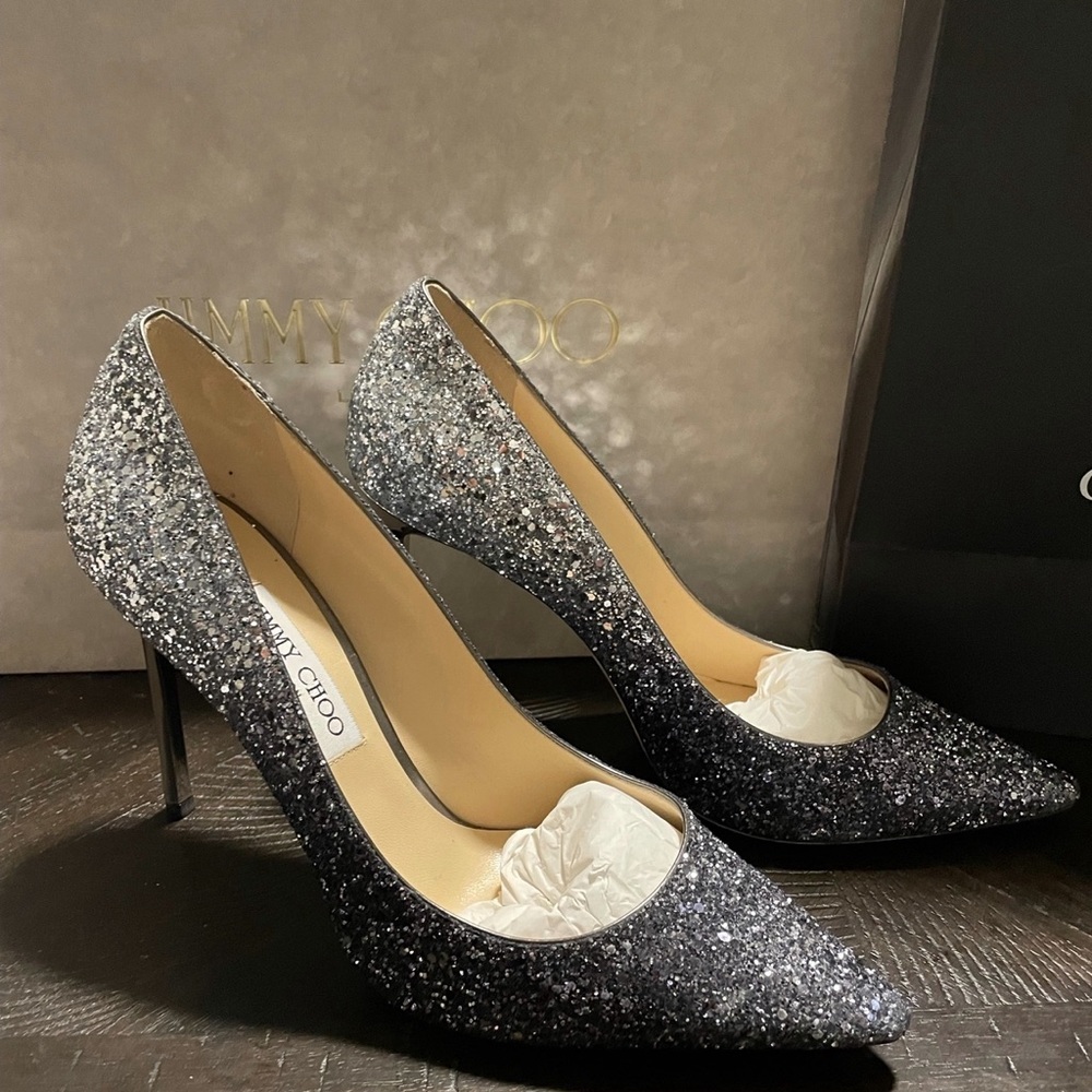 Jimmy Choo Women's Romy 100 Ombré Glitter Pointed Pumps Size 41.5 Navy/Silver